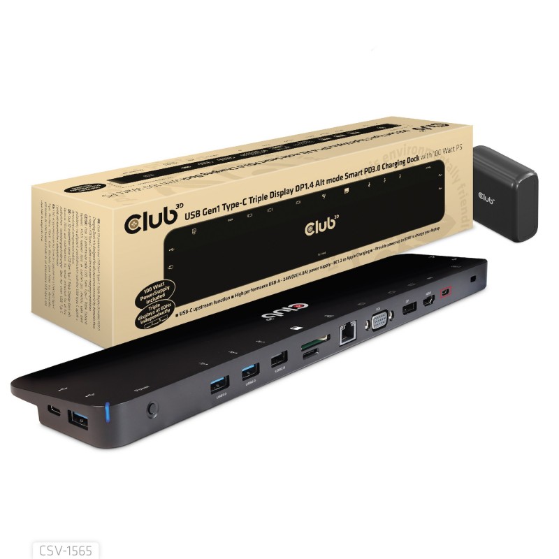Club 3D CSV-1565, Station d'accueil, USB 3.2 Gen 1 3.1 Gen 1 Type-C, Noir, 239 g, 8473 3020