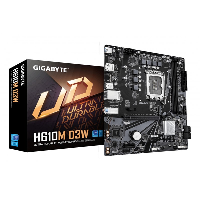 Gigabyte H610M D3W Carte Mère - Prend en charge les processeurs Intel Core 14e génération, VRM 5+1+1 phases, jusqu’à 5600MHz DDR5, 1xPCIe 3.0 M.2, LAN 1GbE, USB 3.2 Gen 1, Intel, LGA 1700, Intel® Celeron®, Intel Core i3 12th Gen, Intel Core i3
