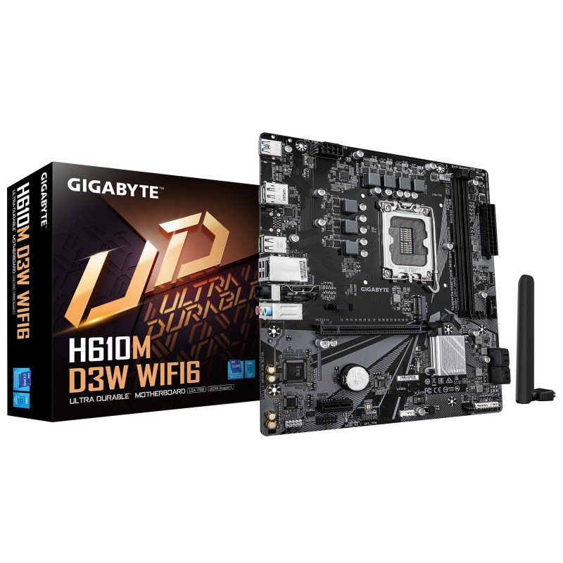 Gigabyte H610M D3W WIFI6 Carte Mère - Prend en charge les processeurs Intel Core 14e génération, VRM 5+1+1 phases, jusqu’à 5600MHz DDR4, 1xPCIe 3.0 M.2, Wi-Fi 6, LAN 1GbE, USB 3.2 Gen 1, Intel, LGA 1700, Intel® Celeron®, Intel Core i3 12th Gen