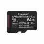 Kingston 64GB microSDXC Canvas Select Plus Gen3 100MBs A1 Adaptateur SD inclus, 64 Go, MicroSDXC, Classe 10, UHS-I, 100 Mos, Class 1
