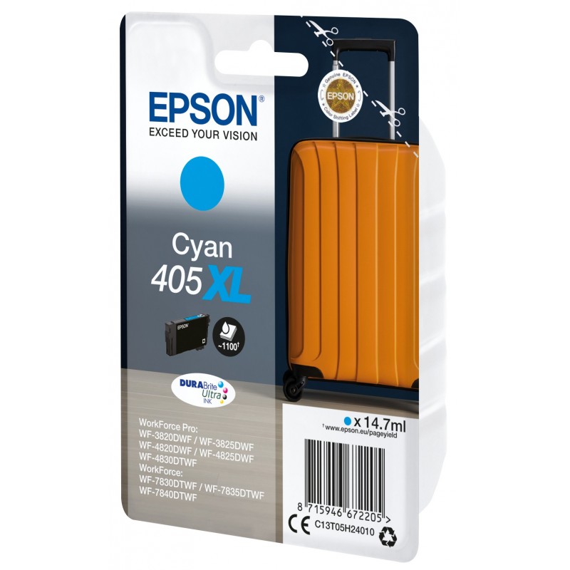 Epson Singlepack Cyan 405XL DURABrite Ultra Ink, Rendement élevé , Cyan, 14,7 ml, 1 pièce, Paquet unique
