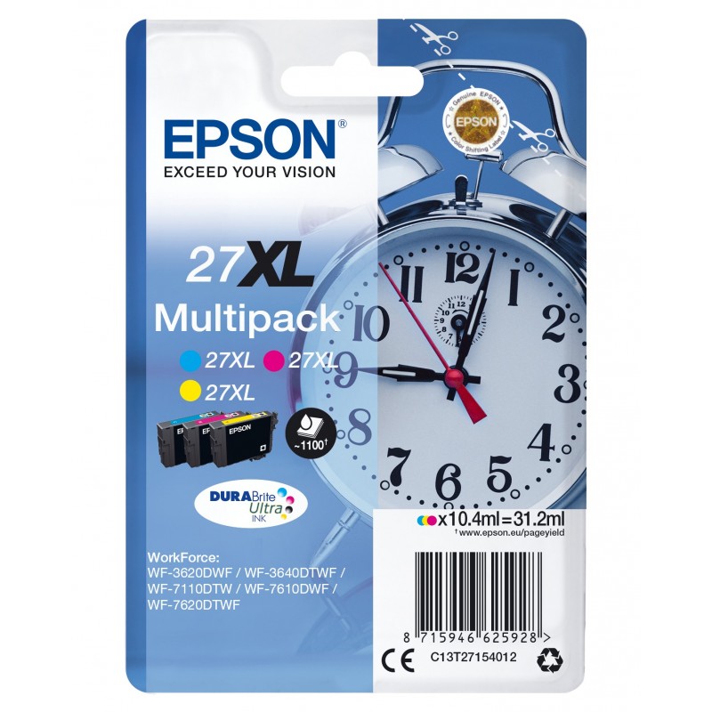 Epson Alarm clock Multipack "Réveil" 27XL - Encre DURABrite Ultra C,M,J, Rendement élevé , Cyan, Magenta, Jaune, Encre à pigments, 10,4 ml, 1 pièce, Multi pack