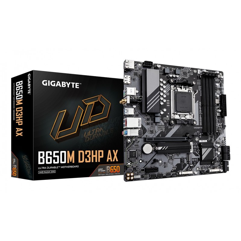 Gigabyte B650M D3HP AX Carte mère - AMD Ryzen série 9000, VRM 5+2+2 phases, jusqu'à 8000 MHz DDR5 , 2xPCIe 4.0 M.2, WIFI 6E, LAN 2,5 GbE, USB 3.2 Gen 1, AMD, Emplacement AM5, AMD Ryzen 7000 Series, AMD Ryzen 8000 Series, AMD Ryzen 9000 Series