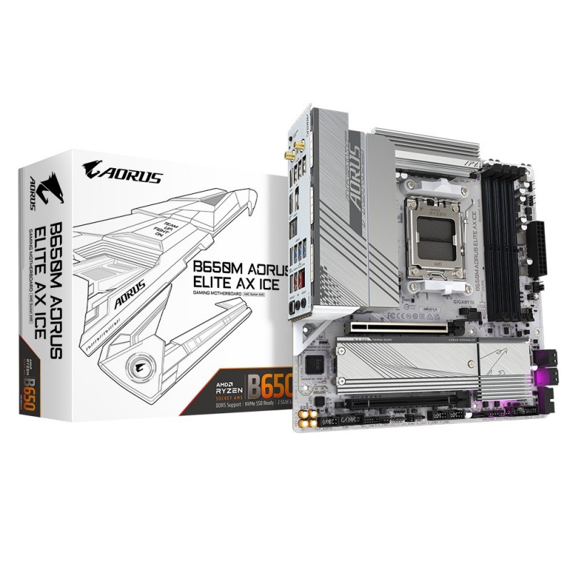 Gigabyte B650M AORUS ELITE AX ICE Carte mère - AMD Ryzen série 9000, VRM 12+2+2 phases, jusqu'à 8000 MHz DDR5 , 1xPCIe 5.0 + 1xPCIe 4.0 M.2, LAN 2,5 GbE, WIFI 6E, USB 3.2 Gen 2x2, AMD, Emplacement AM5, AMD Ryzen 7000 Series, AMD Ryzen 8000 Series, AMD