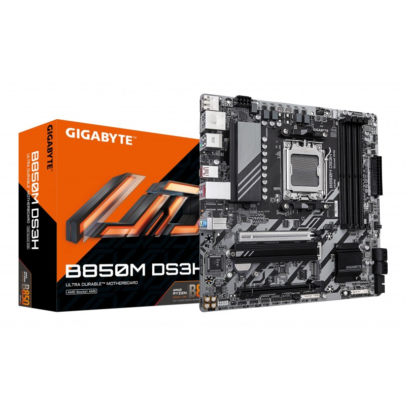 Gigabyte B850M DS3H Carte Mère - Processeurs AMD Ryzen Série 9000, 16+2+2 phases VRM numériques, jusqu'à 8200MHz DDR5 , 1xPCIe 5.0 + 1xPCIe 4.0 M.2, LAN 2.5, USB 3.2 Gen 2, AMD, Emplacement AM5, AMD Ryzen 7000 Series, AMD Ryzen 8000 Series, AMD Ryzen
