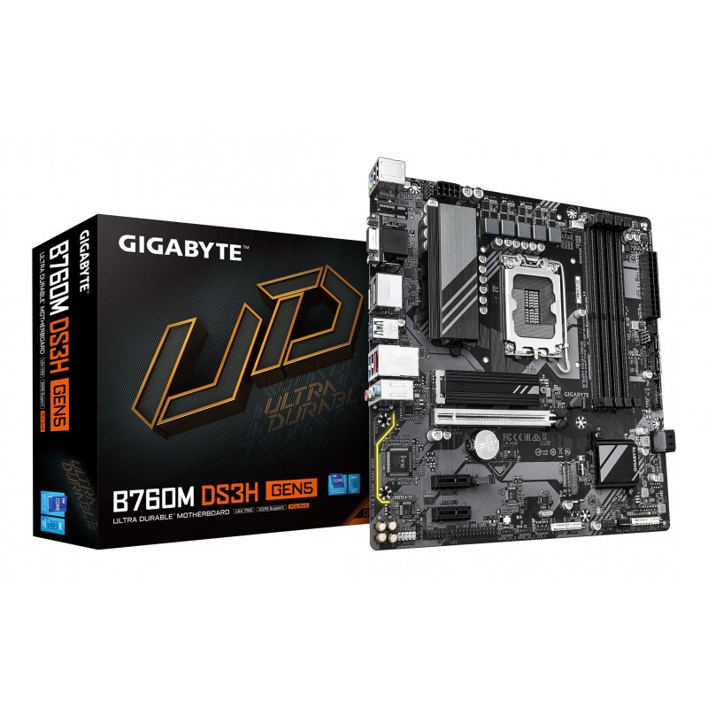 Gigabyte B760M DS3H GEN5 Carte Mère – Prend en charge les processeurs Intel Core 14e génération, VRM numérique 6+2+1 phases, jusqu'à 5600 MHz DDR5, 2 x M.2 PCIe 4.0, LAN 2.5GbE, USB 3.2 Gen2, Intel, LGA 1700, Intel® Celeron®, Intel Core i3 12th