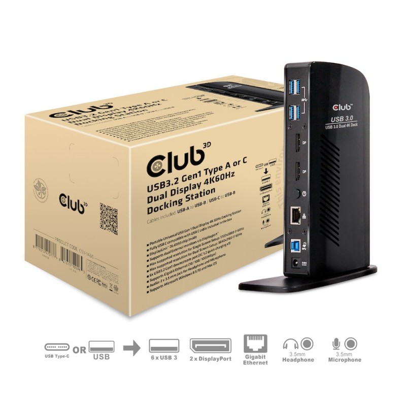Club 3D USB3.2 Gen1 Type A or C Dual Display 4K60Hz Docking Station DisplayLink® Certified, Avec fil, USB 3.2 Gen 1 3.1 Gen 1 Type-A, 3,5 mm, USB Type-A, 10,100,1000 Mbits, Noir