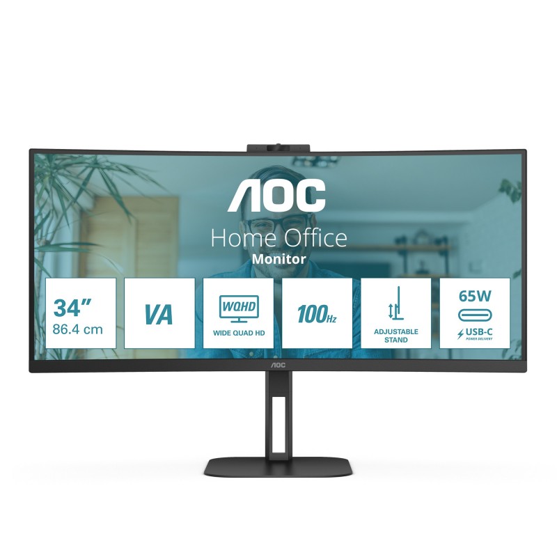 AOC V5 CU34V5CW, 86,4 cm 34", 3440 x 1440 pixels, Wide Quad HD, LED, 4 ms, Noir