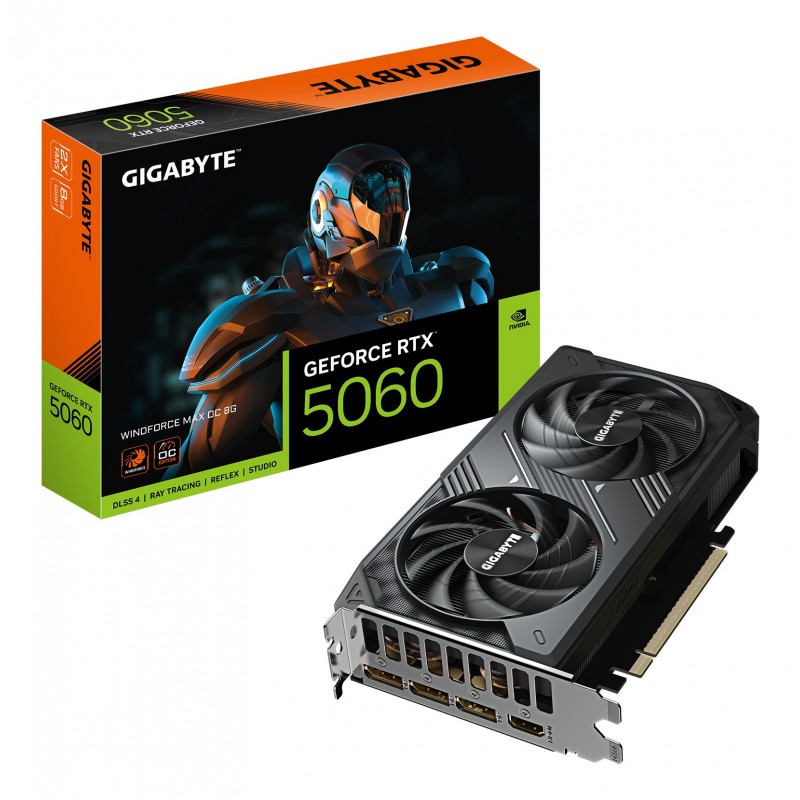 Gigabyte GeForce RTX 5060 WINDFORCE MAX OC 8G Carte Graphique – 8 Go GDDR7, 128 bits, PCI-E 5.0, 2512 MHz Fréquence du processeur, 3 x DisplayPort, 1 x HDMI, NVIDIA DLSS 4, GV-N5060WF2MAX OC-8GD, GeForce RTX 5060, 8 Go, GDDR7, 128 bit, 7680 x 4320