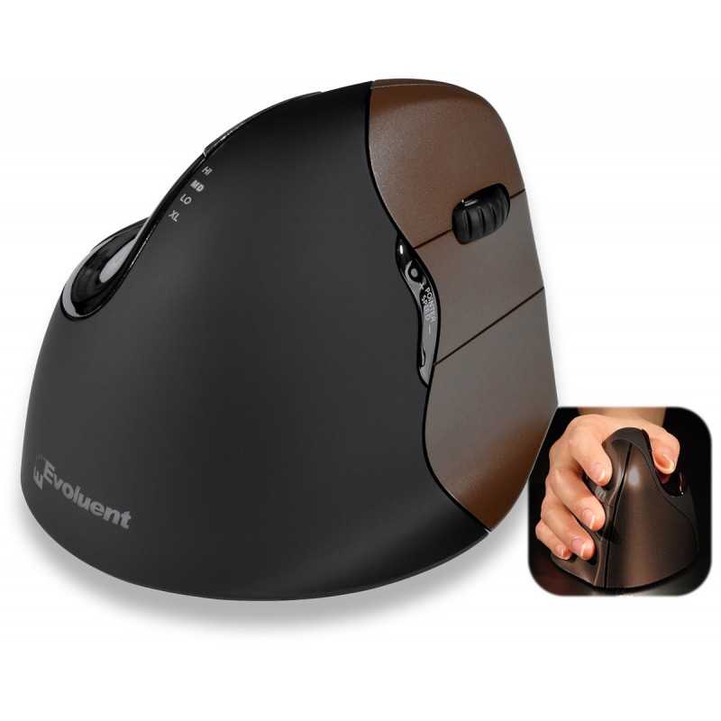 Evoluent VerticalMouse 4, Droitier, Optique, RF sans fil, Noir, Marron