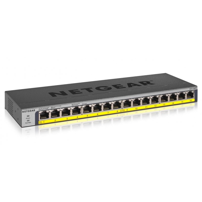 Netgear GS116PP, Non-géré, Gigabit Ethernet 101001000, Connexion Ethernet, supportant l'alimentation via ce port , Grille de montage