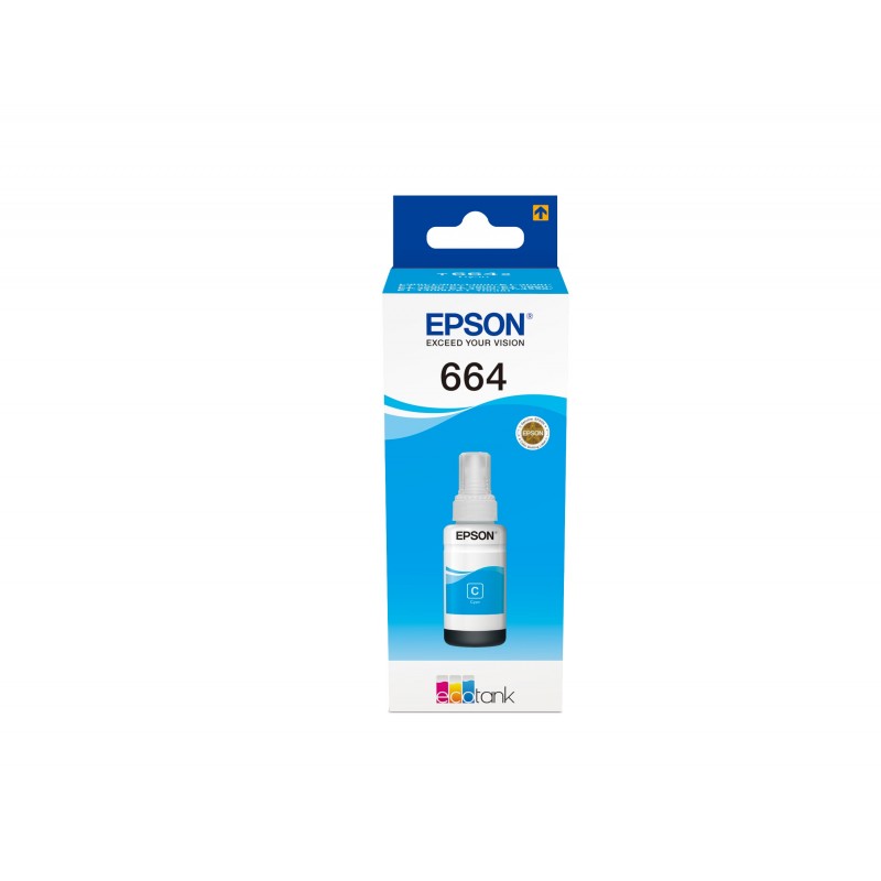 Epson 664 Ecotank Cyan ink bottle, Cyan, Epson, EcoTank L555 EcoTank L355 EcoTank ET-4550 EcoTank ET-4500 EcoTank ET-3600 EcoTank ET-2650 EcoTank..., Gris, 70 ml, Indonésie