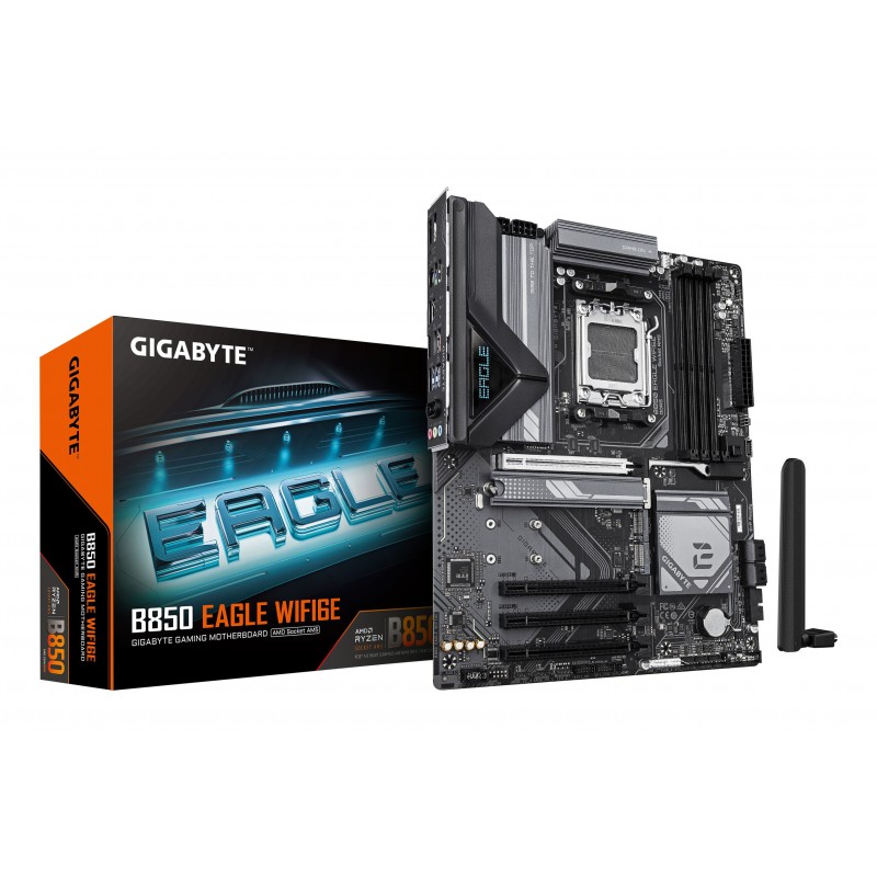 Gigabyte B850 EAGLE WIFI6E Carte Mère - AMD Ryzen 9000 Series CPUs, VRM numérique 8+2+2 phases, jusqu'à 8200MHz DDR5 , 1xPCIe 5.0 + 2xPCIe 4.0 M.2, LAN GbE, WIFI 6E, USB 3.2 Gen 2, AMD, Emplacement AM5, AMD Ryzen 7000 Series, AMD Ryzen 8000 Series, AMD