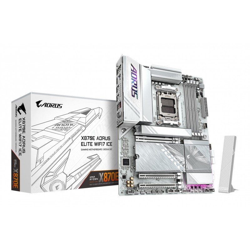 Gigabyte X870E AORUS ELITE WIFI7 ICE Carte mère - Prend en charge les processeurs AMD Ryzen 9000, VRM numérique 16+2+2 phases, jusqu'à 8200 MHz DDR5 O.C., 3x PCIe 5.0 + 1x PCIe 4.0, Wi-Fi 7, LAN 2.5 GbE, USB 4, AMD, Emplacement AM5, AMD Ryzen 7000