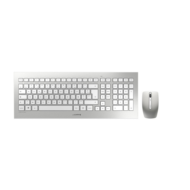 Cherry DW 8000 Ensemble Clavier & Souris sans fil, blancargent, USB, AZERTY - FR, Taille réelle 100 %, Sans fil, RF sans fil, Argent, Blanc, Souris incluse