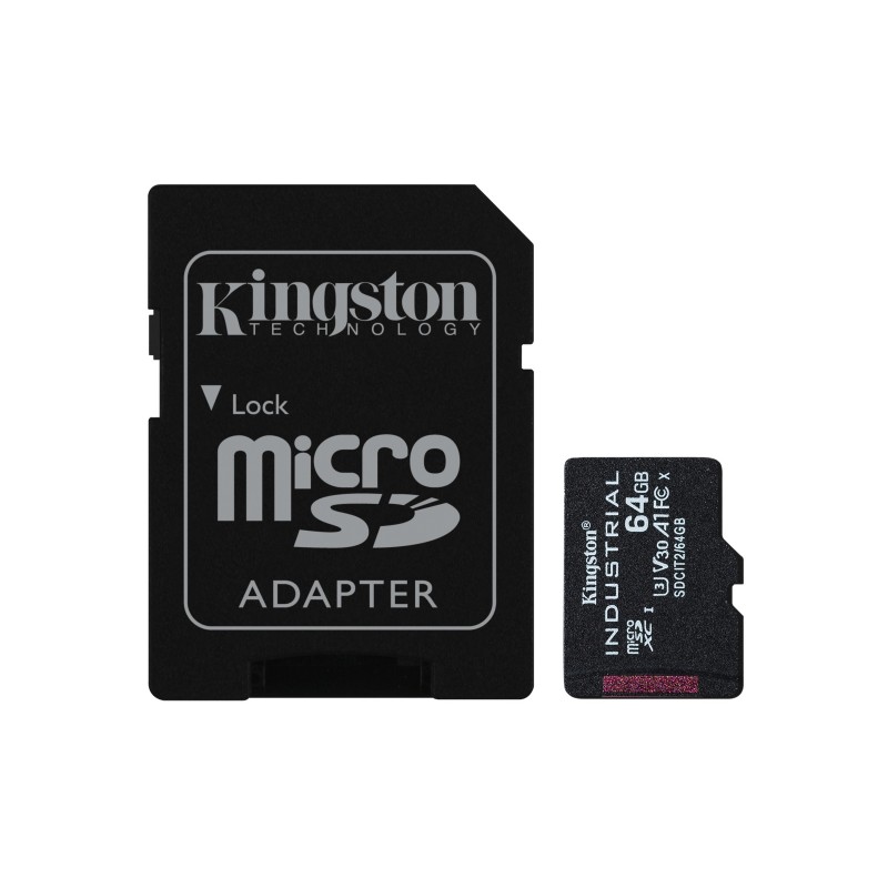 Kingston Carte 64GB microSDXC Industrielle C10 A1 pSLC + adaptateur SD, 64 Go, MicroSDXC, Classe 10, UHS-I, 100 Mos, 80 Mos