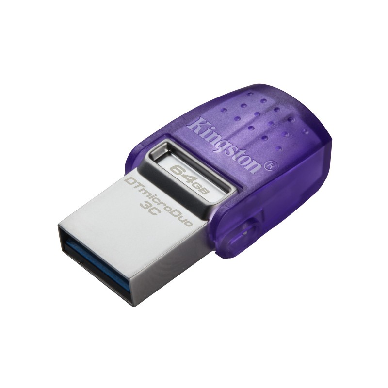 Kingston DataTraveler 64 Go microDuo 3C 200 Mos dual USB-A + USB-C, 64 Go, USB Type-A  USB Type-C, 3.2 Gen 1 3.1 Gen 1, 200 Mos, Autres, Violet, Acier inoxydable