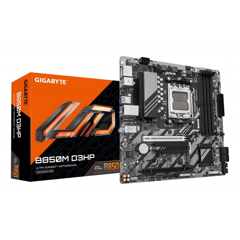 Gigabyte B850M D3HP Carte Mère - Processeurs AMD Ryzen Série 9000, 5+2+2 phases VRM numériques, jusqu'à 8200MHz DDR5 , 1xPCIe 5.0 + 1xPCIe 4.0 M.2, LAN GbE, USB 3.2 Gen 2, AMD, Emplacement AM5, AMD Ryzen 7000 Series, AMD Ryzen 8000 Series, AMD Ryzen