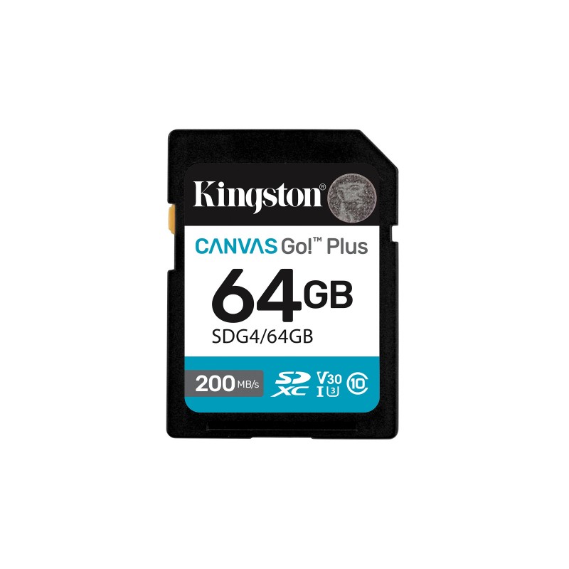 Kingston Canvas Go! Plus 64 Go SDXC Canvas Go Plus Gen4 200 Mos C10 UHS-I U3 V30, 64 Go, SDXC, Classe 10, UHS-I, 200 Mos, 100 Mos