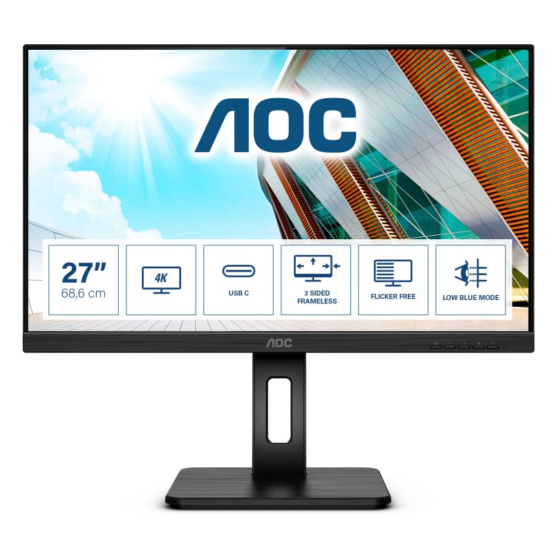 AOC U27P2CA, 68,6 cm 27", 3840 x 2160 pixels, 4K Ultra HD, LED, 4 ms, Noir