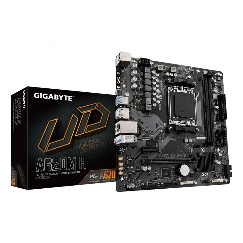 Gigabyte A620M H Carte Mère - Prend en charge les processeurs AMD Ryzen 8000, VRM numérique 5+2+2 phases, jusqu'à 7200MHz DDR5 , 1xPCIe 4.0 M.2, LAN GbE, USB 3.2 Gen 1, AMD, Emplacement AM5, AMD Ryzen 7000 Series, Emplacement AM5, 96 Go, DDR5-SDRAM