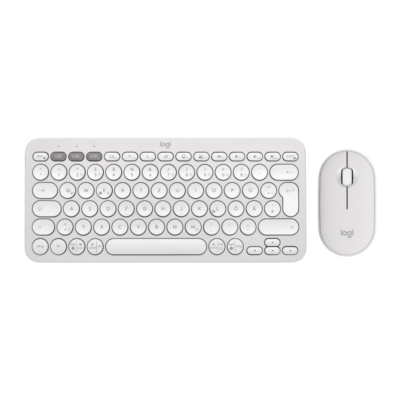 Logitech 920-012204, Sans fil, RF sans fil + Bluetooth, Commutateur de touche « ciseaux », QWERTZ, Blanc, Souris incluse
