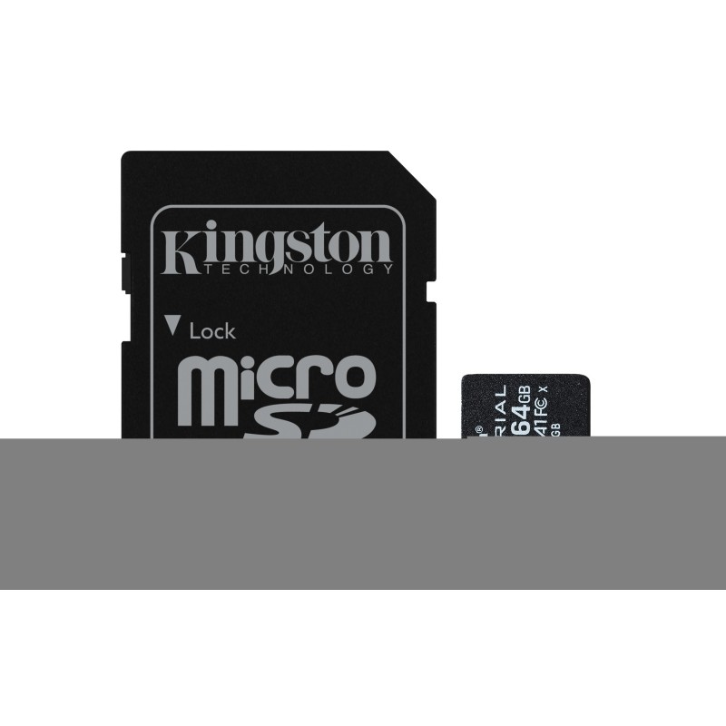 Kingston Carte 64GB microSDXC Industrielle C10 A1 pSLC + adaptateur SD, 64 Go, MicroSDXC, Classe 10, UHS-I, 100 Mos, 80 Mos