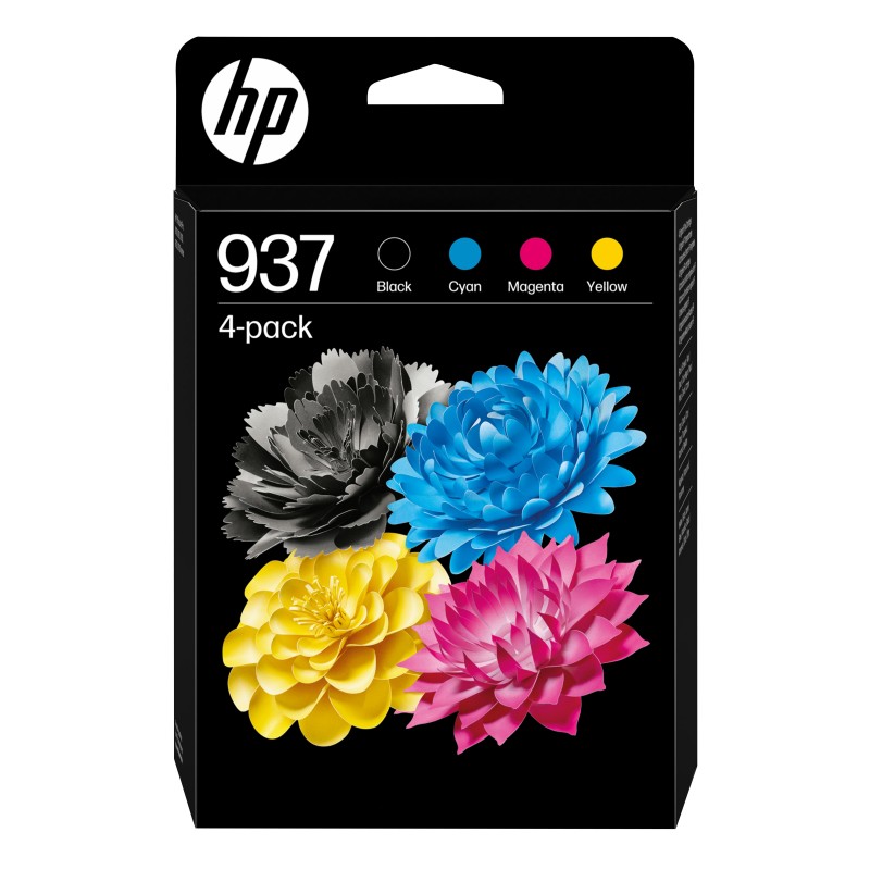HP 937 Pack de 4 Cartouches d’encre authentiques CMJN, Rendement standard, Noir, Cyan, Magenta, Jaune, 4 pièce, 1250 pages, 800 pages, Pack combo