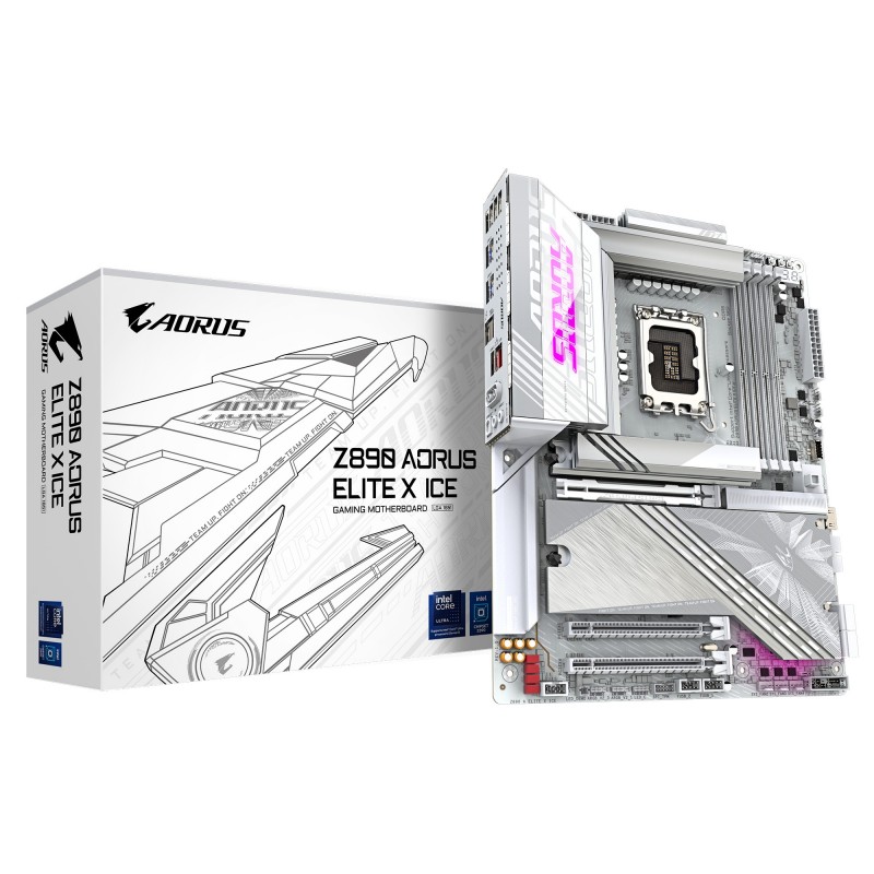 Gigabyte Carte mère Z890 AORUS ELITE X ICE - Prend en charge les processeurs Intel Core Ultra Série 2, VRM à 16+1+2 phases, jusqu'à 9500MHz DDR5 , 1xPCIe 5.0 + 4xPCIe 4.0, Wi-Fi 7, LAN 2.5GbE, Thunderbolt 4, Intel, LGA 1851 Socket V1, Intel Core Ultra
