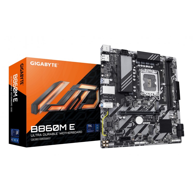 Gigabyte B860M E Carte Mère - Processeurs Intel Core Ultra Series, VRM 4+1+2 phases, jusqu’à 8800MHz DDR5 O.C, 2xPCIe 4.0 M.2, LAN 1GbE, USB 3.2 Gen 1, Intel, LGA 1851 Socket V1, Intel Core Ultra Series 2, LGA 1851, DDR5-SDRAM, 128 Go