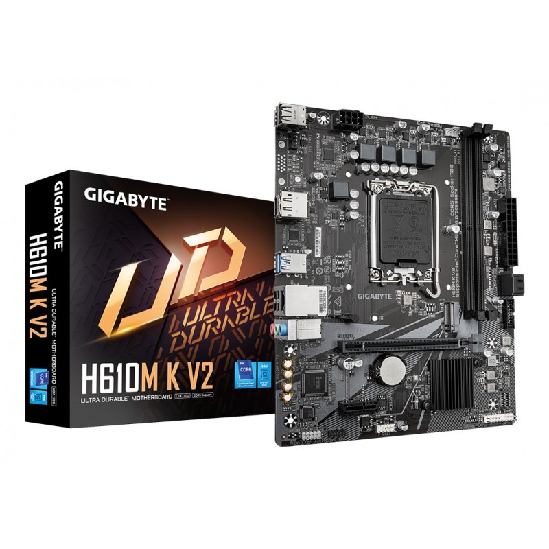 Gigabyte H610M K V2 Carte mère - Processeurs Intel Core 14? génération, jusqu'à 5600 MHz DDR5, 1xPCIe 3.0 M.2, LAN 1GbE, USB 3.2 Gen 1, Intel, LGA 1700, Intel® Celeron®, Intel Core i3 12th Gen, Intel Core i3 13th Gen, Intel Core i3 14th Gen