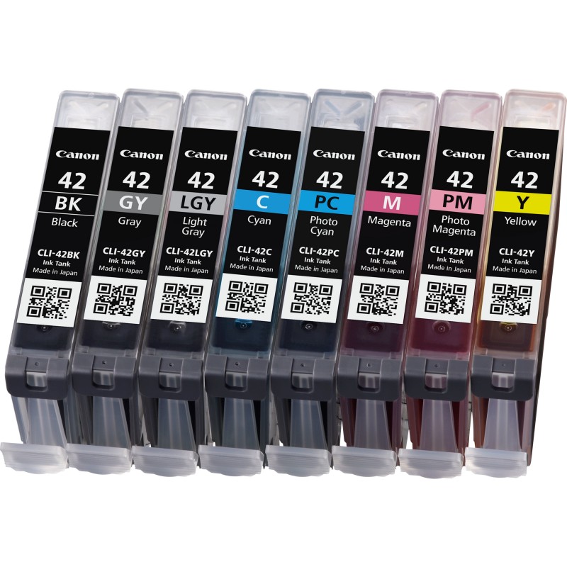 Canon Multipack de 8 cartouche d'encre CLI-42 BKGYLGYCMYPCPM, Rendement standard, Noir, Cyan, Gris, Gris clair, Magenta, Photo cyan, Photo magenta, Jaune, Encre à pigments, Encre à colorant, 8 pièce, Multi pack