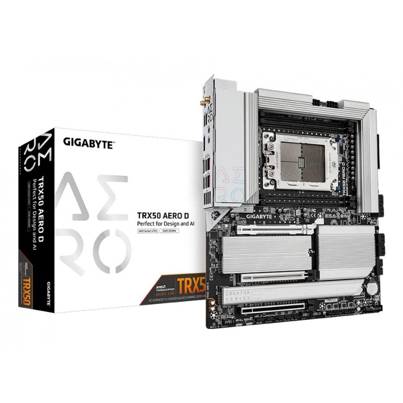 Gigabyte TRX50 AERO D Carte mère - Compatible avec AMD Ryzen Threadripper 9000 Series CPUs, 16+8+4 Phases Digital VRM, up to 7800MHz DDR5 , 3xPCIe 5.0 + 1xPCIe 4.0 M.2, Wi-Fi 7, 10GbE LAN, USB4, AMD, Socket sTR5, AMD Ryzen Threadripper 1000 Series, 1 To
