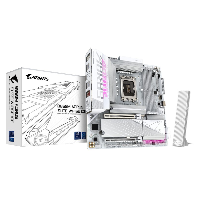 Gigabyte B860M AORUS ELITE WF6E ICE Carte mère - Processeurs Intel Core Ultra, VRM 12+1+2+1 phases, jusqu'à 9200MHz DDR5, 1xPCIe 5.0 + 2xPCIe 4.0 M.2, LAN 2,5 GbE, WIFI 6E, USB 4, Intel, LGA 1851 Socket V1, Intel Core Ultra série 1, Intel Core Ultra