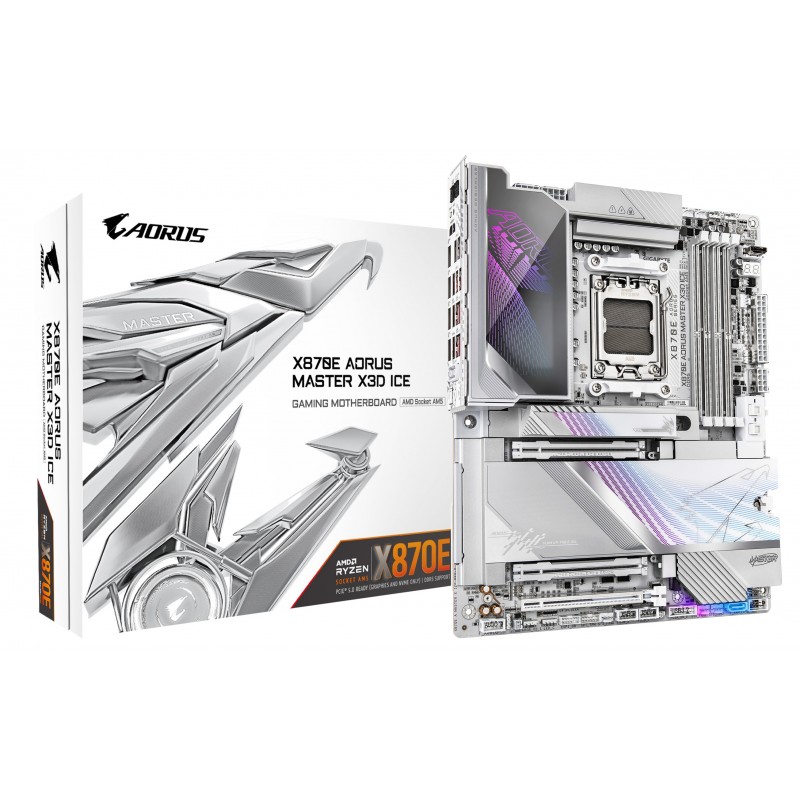 Gigabyte X870E AORUS MASTER X3D ICE Carte Mère – Prend en charge les processeurs AMD Ryzen 9000, VRM numérique 18+2+2 phases, jusqu’à 9000 Hz DDR5 , 2 x PCIe 5.0 + 3 x PCIe 4.0, Wi-Fi 7, LAN 10 GbE, USB 4, AMD, Emplacement AM5, AMD Ryzen 7000