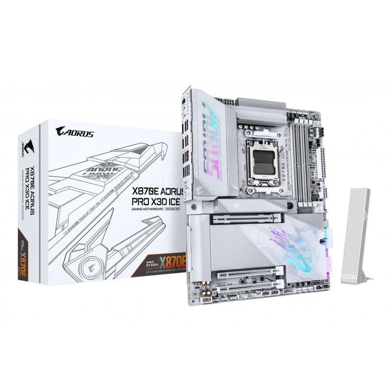 Gigabyte X870E AORUS PRO X3D ICE Carte Mère – Prend en charge les processeurs AMD Ryzen 9000, VRM numérique 18+2+2 phases, jusqu’à 9000 Hz DDR5 , 2 x PCIe 5.0 + 2 x PCIe 4.0, Wi-Fi 7, LAN 5 GbE, USB 4, AMD, Emplacement AM5, AMD Ryzen 7000 Series
