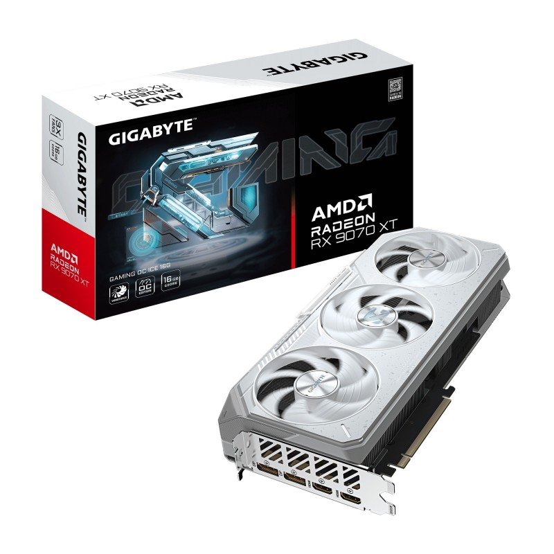 Gigabyte Radeon RX 9070 XT GAMING OC ICE 16G Carte Graphique - 16GB GDDR6, 256bit, PCI-E 5.0, 3060 MHz Fréquence du cœur, 2 x DisplayPort, 2 x HDMI, GV-R907XGAMINGOCICE-16GD, Radeon RX 9070 XT, 16 Go, GDDR6, 256 bit, 7680 x 4320 pixels, PCI Express 5.0