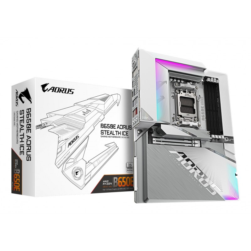 Gigabyte B650E AORUS STEALTH ICE Carte mère - AMD Ryzen série 9000, VRM 12+2+2 phases, jusqu'à 8000 MHz DDR5 , 1xPCIe 5.0 + 2xPCIe 4.0 M.2, LAN 2,5 GbE, WIFI 7, USB 3.2 Gen 2x2, AMD, Emplacement AM5, AMD Ryzen 7000 Series, AMD Ryzen 8000 Series, AMD