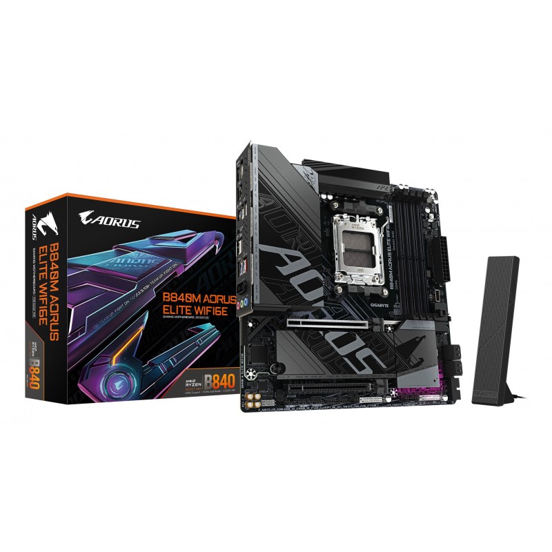 Gigabyte B840M AORUS ELITE WIFI6E Carte Mère – Processeurs AMD Ryzen 9000, 10+2+2 phases VRM, jusqu’à 8200 MHz DDR5 O.C., 2 x M.2 PCIe 4.0, Wi-Fi 6E, LAN 2.5 GbE, USB 3.2 Gen 2, AMD, Emplacement AM5, AMD Ryzen 7000 Series, AMD Ryzen 8000 Series, AMD