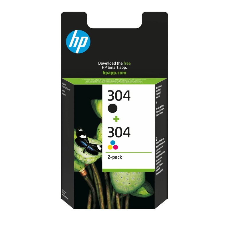 HP Pack de 2 cartouches authentiques d'encre noiretrois couleurs 304, Rendement standard, Noir, Cyan, Magenta, Jaune, Encre à pigments, Encre à colorant, 4 ml, 2 ml