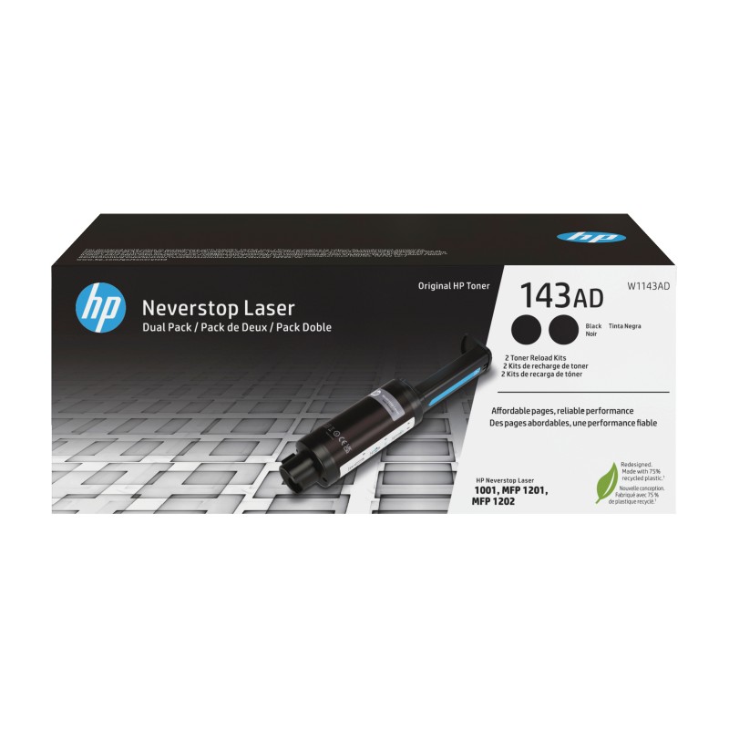 HP Kit de recharge de toner noir Neverstop authentique 143AD double pack, 2500 pages, Noir, 2 pièce