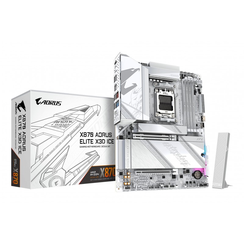 Gigabyte X870 AORUS ELITE X3D ICE Carte Mère - Compatible avec processeurs AMD Ryzen 9000, VRM numérique 16+2+2 phases, jusqu’à 9000Hz DDR5 , 2xPCIe 5.0 + 2xPCIe 4.0, Wi-Fi 7, LAN 2.5GbE, USB 4, AMD, Emplacement AM5, AMD Ryzen 7000 Series, AMD Ryzen