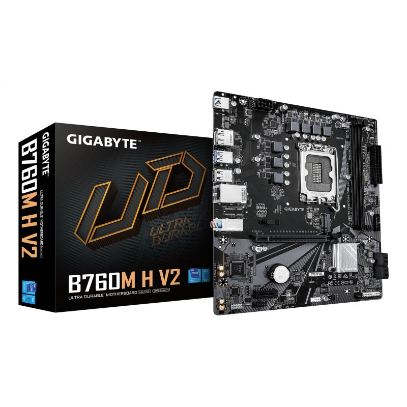 Gigabyte B760M H V2 Carte Mère - Prend en charge les processeurs Intel Core 14e génération, VRM numérique 5+1+1 phases, jusqu’à 8000MHz DDR5 O.C., 1xPCIe 4.0 M.2, LAN 1GbE, USB 3.2 Gen1, Intel, LGA 1700, Intel® Celeron®, Intel Core i3 12th Gen