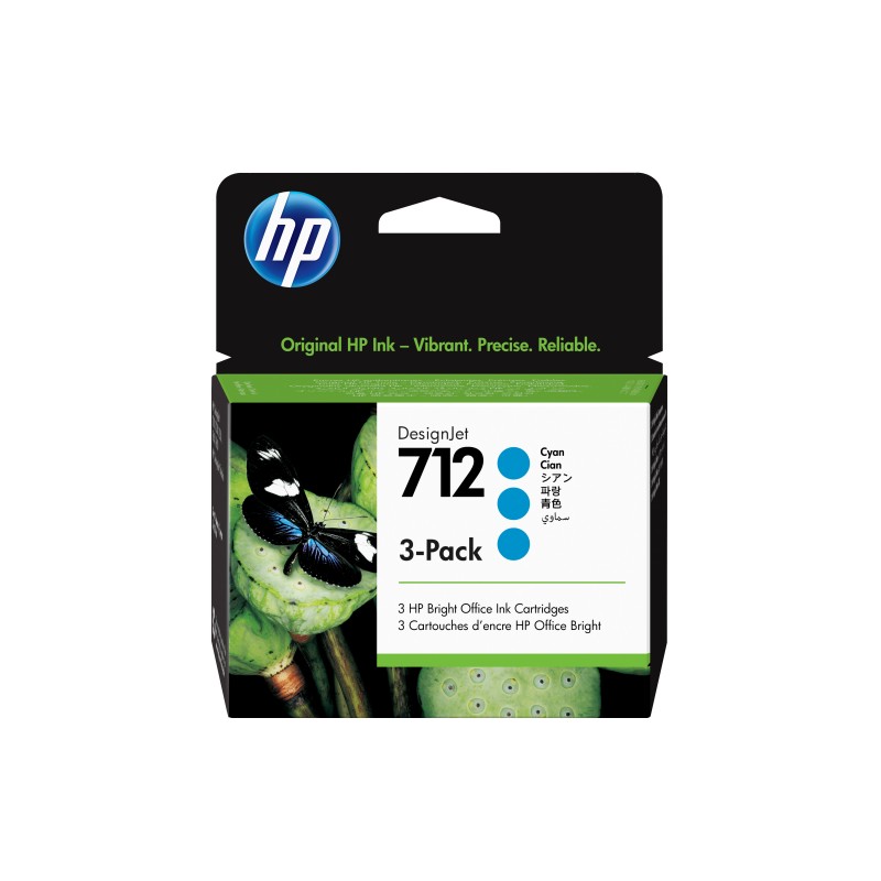 HP Pack de 3 cartouches d'encre DesignJet 712, cyan, 29 ml, Imprimantes HP DesignJet T210, T230, T250, T630, T650, A jet d'encre thermique, Cyan, Singapour, Malaisie, 119 mm, 46,2 mm