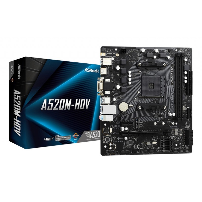 ASRock A520M-HDV, AMD, Emplacement AM4, AMD Ryzen 3000 Series, DDR4-SDRAM, 64 Go, DIMM