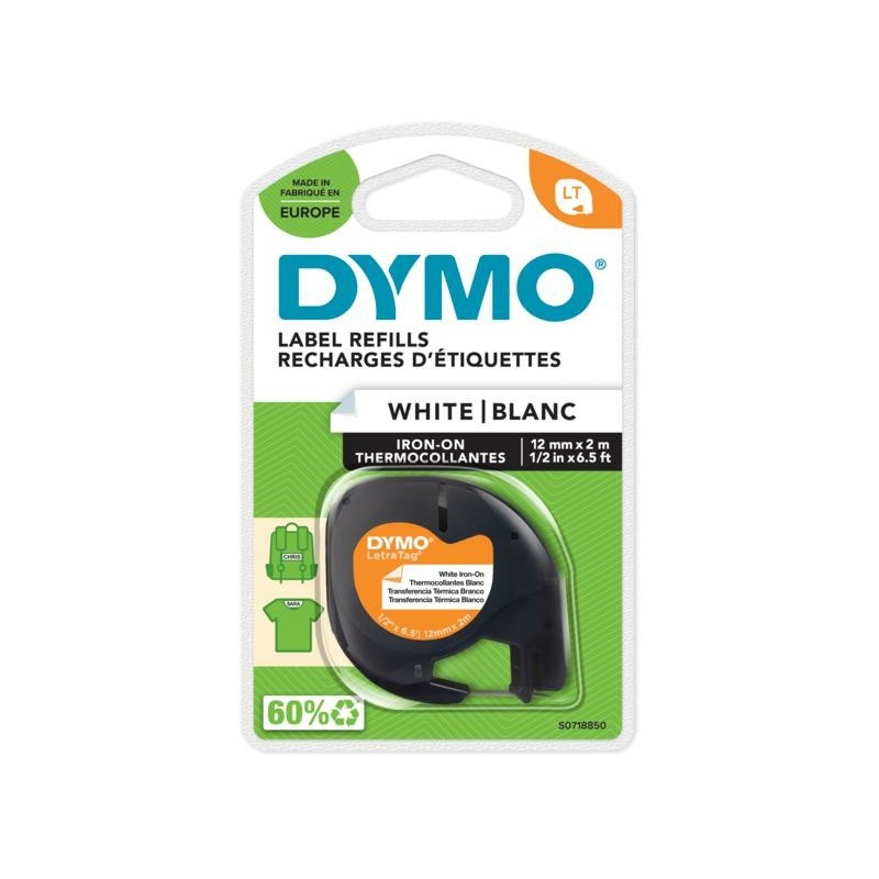 Dymo LetraTag® étiquettes thermocollantes - 12mm x 2m, Noir sur blanc, Nylon, Belgique, DYMO, LetraTag 100T, LetraTag 100H, 1,2 cm