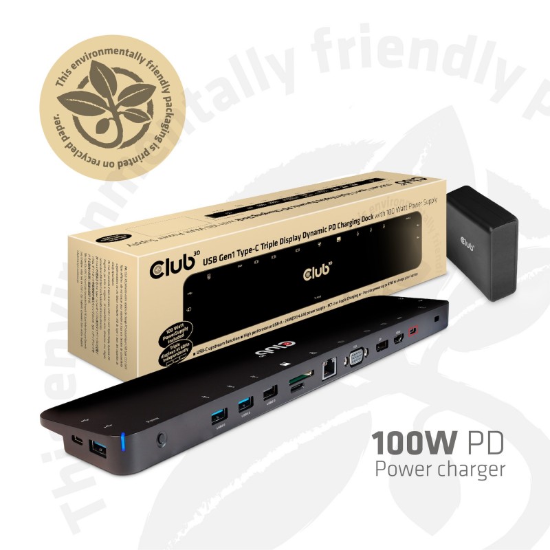 Club 3D CSV-1564W100, Station d'accueil, USB 3.2 Gen 1 3.1 Gen 1 Type-C, Noir, Lenovo Dell Acer Asus. MSI. Toshiba Apple HP Razer, Meets ROHS, FCC, and CE EMI requirements, 9 g