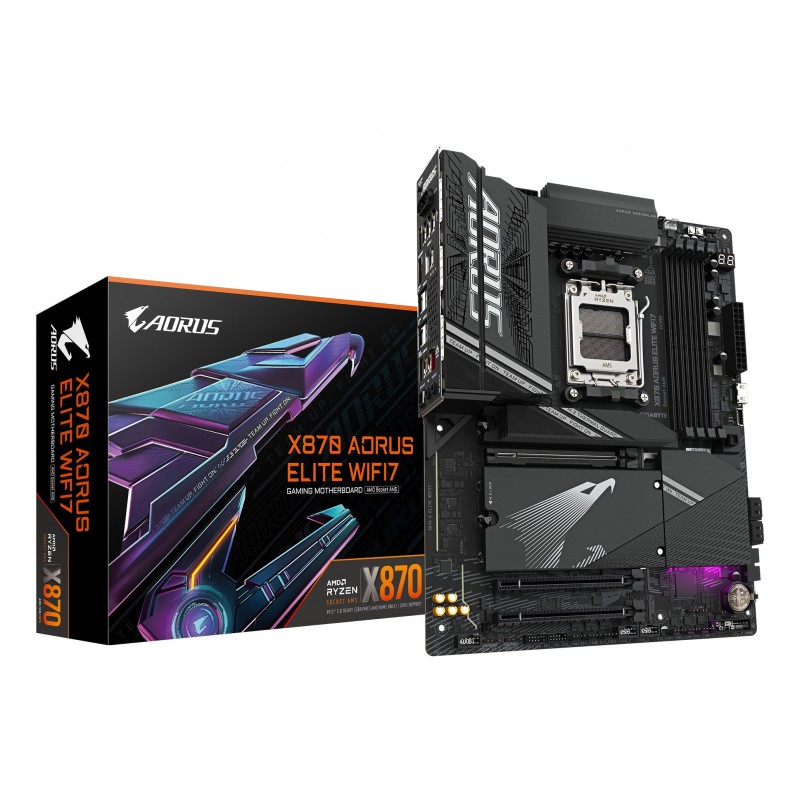 Gigabyte X870 AORUS ELITE WIFI7 Carte Mère - Prend en charge les processeurs AMD Ryzen 9000, 16+2+2 phases VRM, jusqu'à 8000MHz DDR5 , 3xPCIe 5.0 + 1xPCIe 4.0, Wi-Fi 7, LAN 2,5GbE, USB 4, AMD, Emplacement AM5, AMD Ryzen 7000 Series, AMD Ryzen 8000