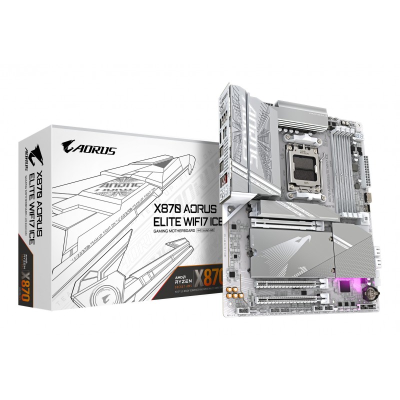 Gigabyte X870 AORUS ELITE WIFI7 ICE Carte Mère - Prend en charge les processeurs AMD Ryzen 9000, 16+2+2 phases VRM numérique, jusqu'à 8200MHz DDR5 , 3xPCIe 5.0 + 1xPCIe 4.0, Wi-Fi 7, LAN 2,5GbE, USB 4, AMD, Emplacement AM5, AMD Ryzen 7000 Series, AMD