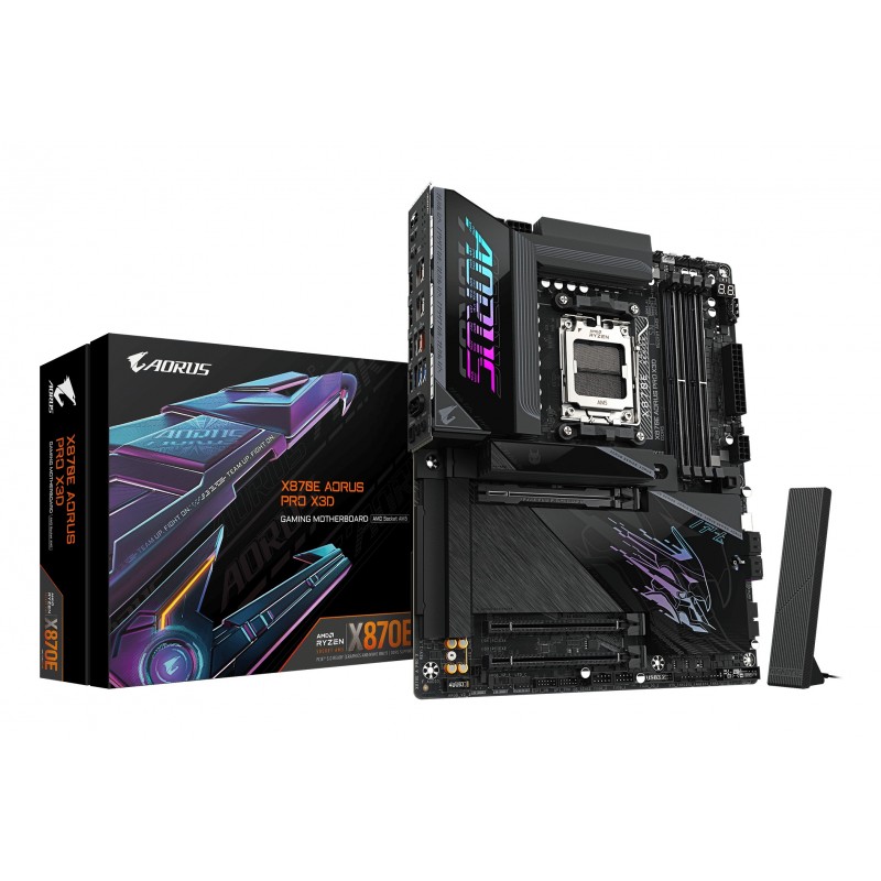 Gigabyte X870E AORUS PRO X3D Carte Mère - Prend en charge les processeurs AMD Ryzen 9000, VRM numérique 18+2+2 phases, jusqu’à 9000MHz DDR5 O.C., 2xPCIe 5.0 + 2xPCIe 4.0, Wi-Fi 7, LAN 5GbE, USB 4, AMD, Emplacement AM5, AMD Ryzen 7000 Series, AMD